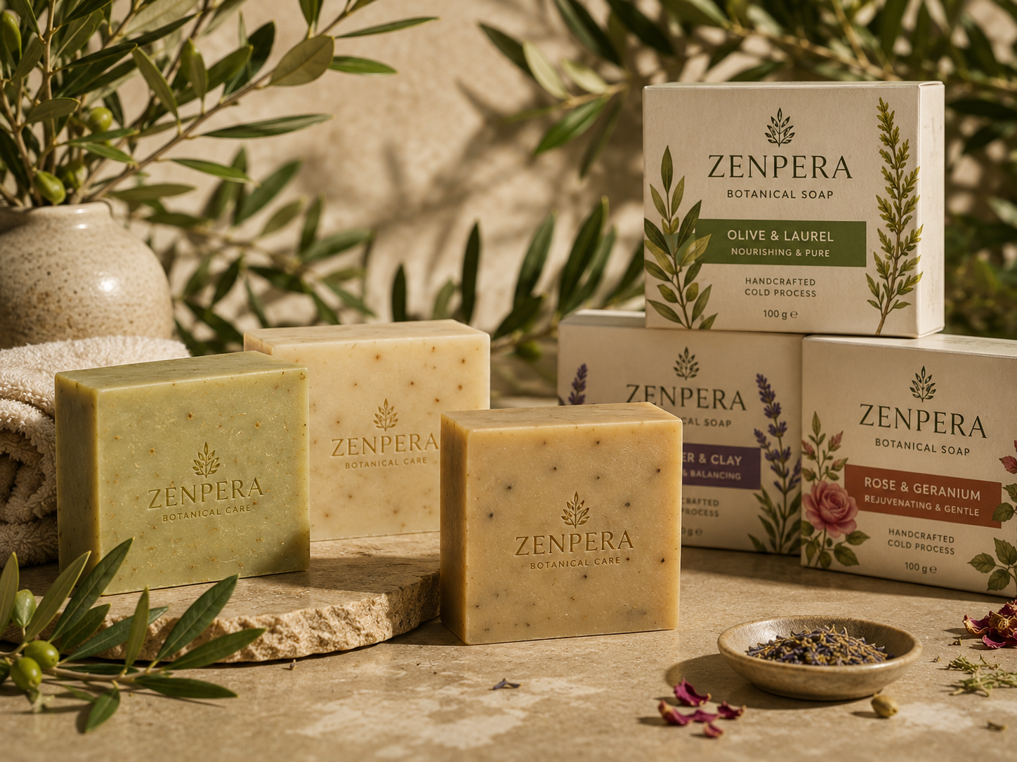 Zenpera botanical soap collection in retail packaging